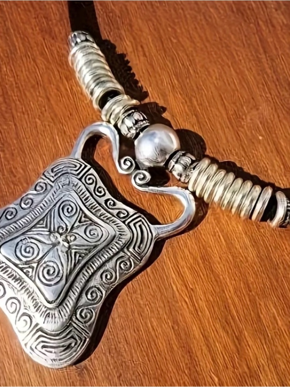 Sterling-Style Silver Pendant Necklace with Ornate Tribal Motif